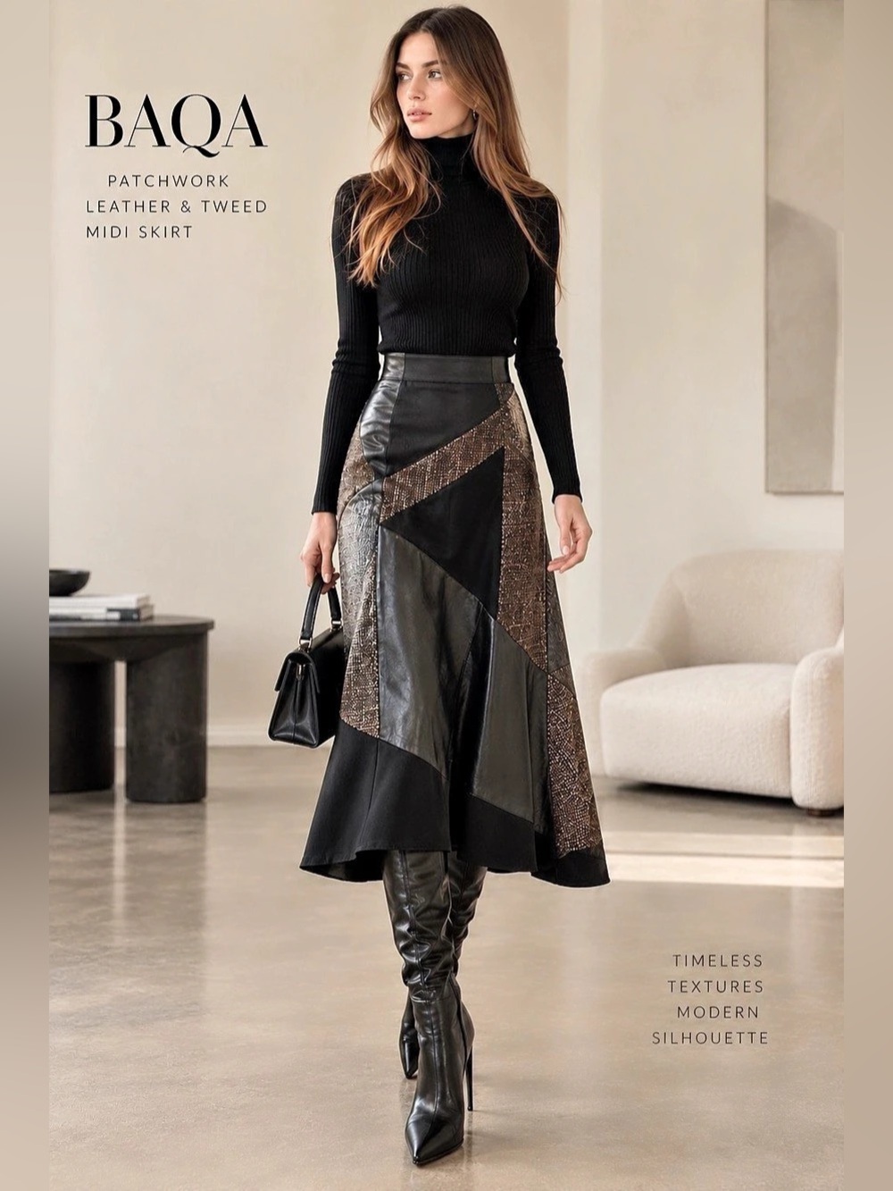 BAQA Genuine Leather & Tweed Patchwork Asymmetric Midi Skirt Size 36